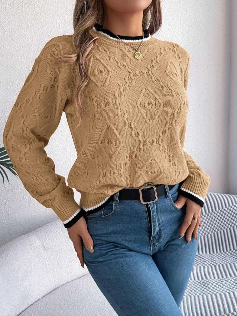 Contrast Trim Round Neck Long Sleeve Sweater - Love Salve